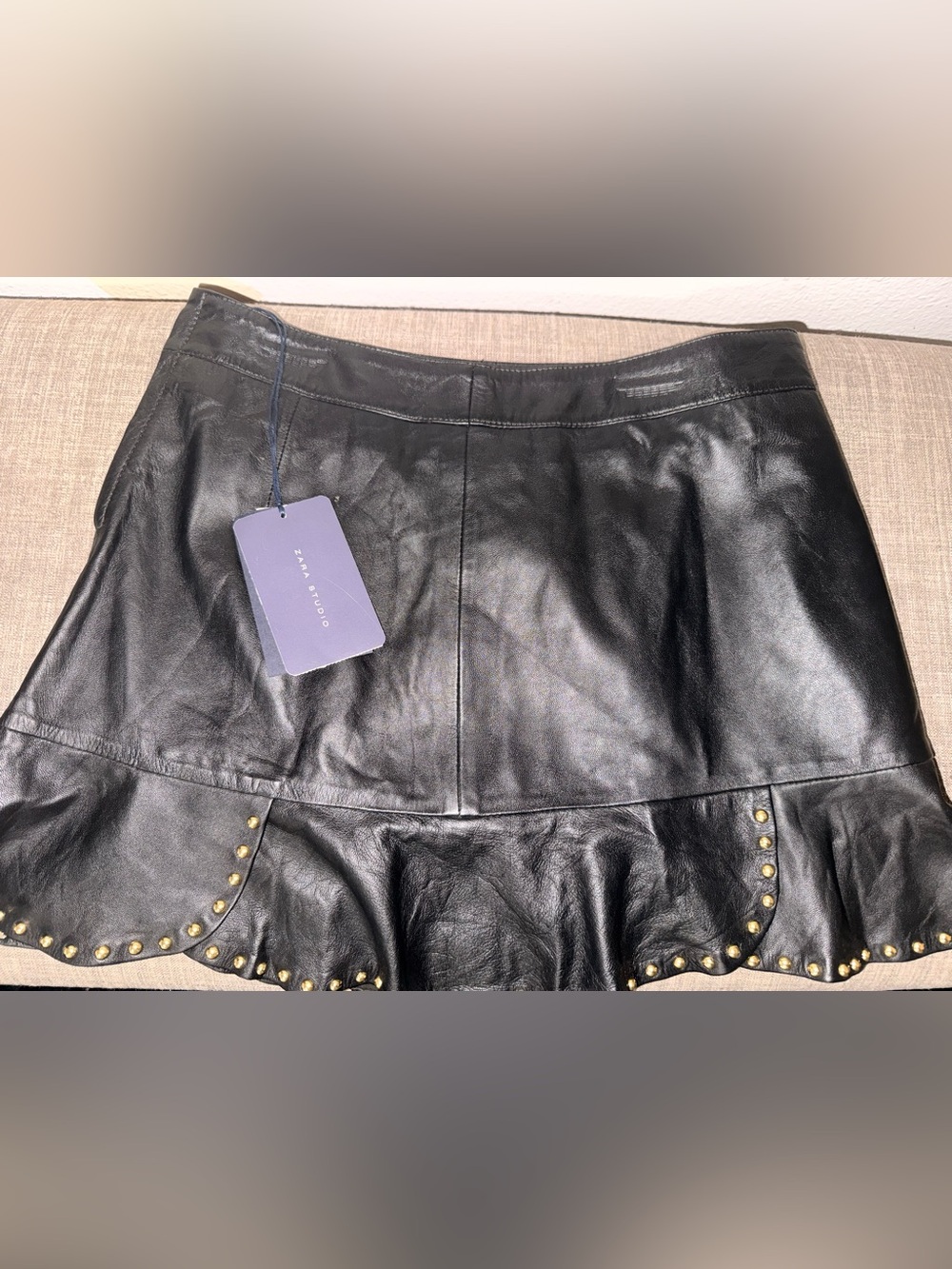 Zara Black Leather Mini Skirt with Gold Stud Accent